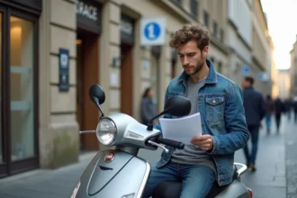 Jeune homme avec scooter devant bureau administratif français