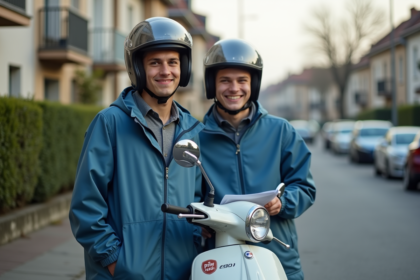 Jeune homme avec casque et scooter en ville
