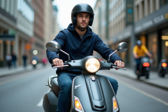 Jeune homme en scooter dans une ville moderne