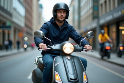Jeune homme en scooter dans une ville moderne