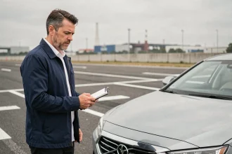 Journaliste automobile masculin notant ses observations lors d'un essai routier sur circuit, à côté d'une berline moderne
