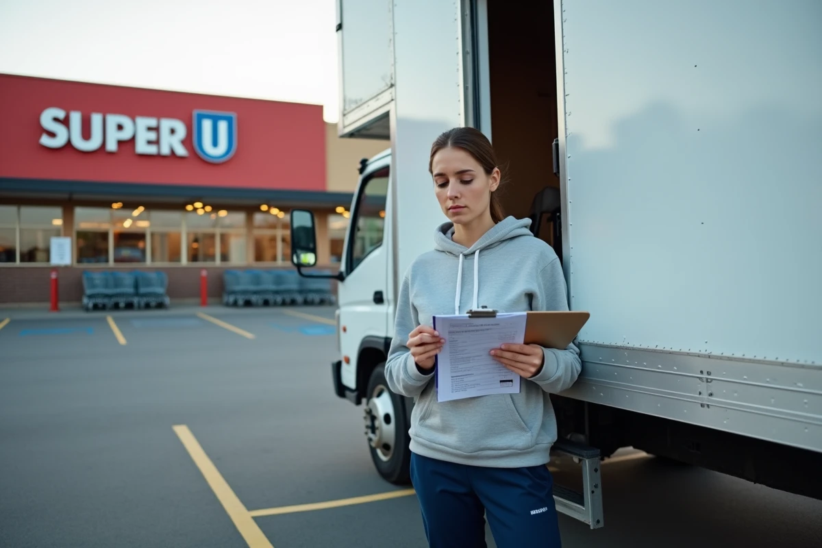 Femme consultant une liste devant la cabine d'un camion de location Super U dans un parking de supermarché