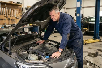 Mécanicien examinant un moteur de voiture dans un atelier automobile professionnel