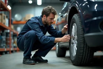 Mécanicien examinant l'indice de charge inscrit sur le flanc d'un pneu dans un garage automobile