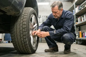 Mécanicien inspectant un pneu tubeless avec un clou incrusté dans la bande de roulement dans un garage automobile