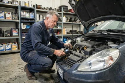 Mécanicien inspectant un moteur diesel dCi dans un atelier urbain par temps froid