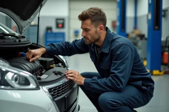 Mécanicien inspectant le moteur d'une Peugeot 208 dans un garage pour une conversion E85 bioéthanol