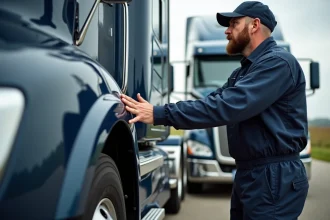 Mécanicien barbu vérifiant un camion Kenworth W900A en extérieur