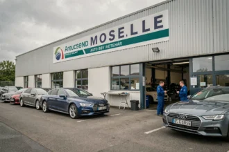 Vue générale d'une carrosserie professionnelle en Moselle avec véhicules réparés et techniciens devant l'atelier