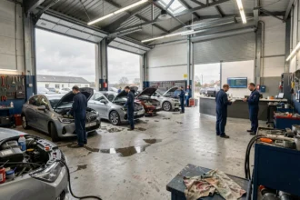 Vue panoramique d'un garage automobile dans l'Oise avec plusieurs véhicules en réparation et des mécaniciens au travail
