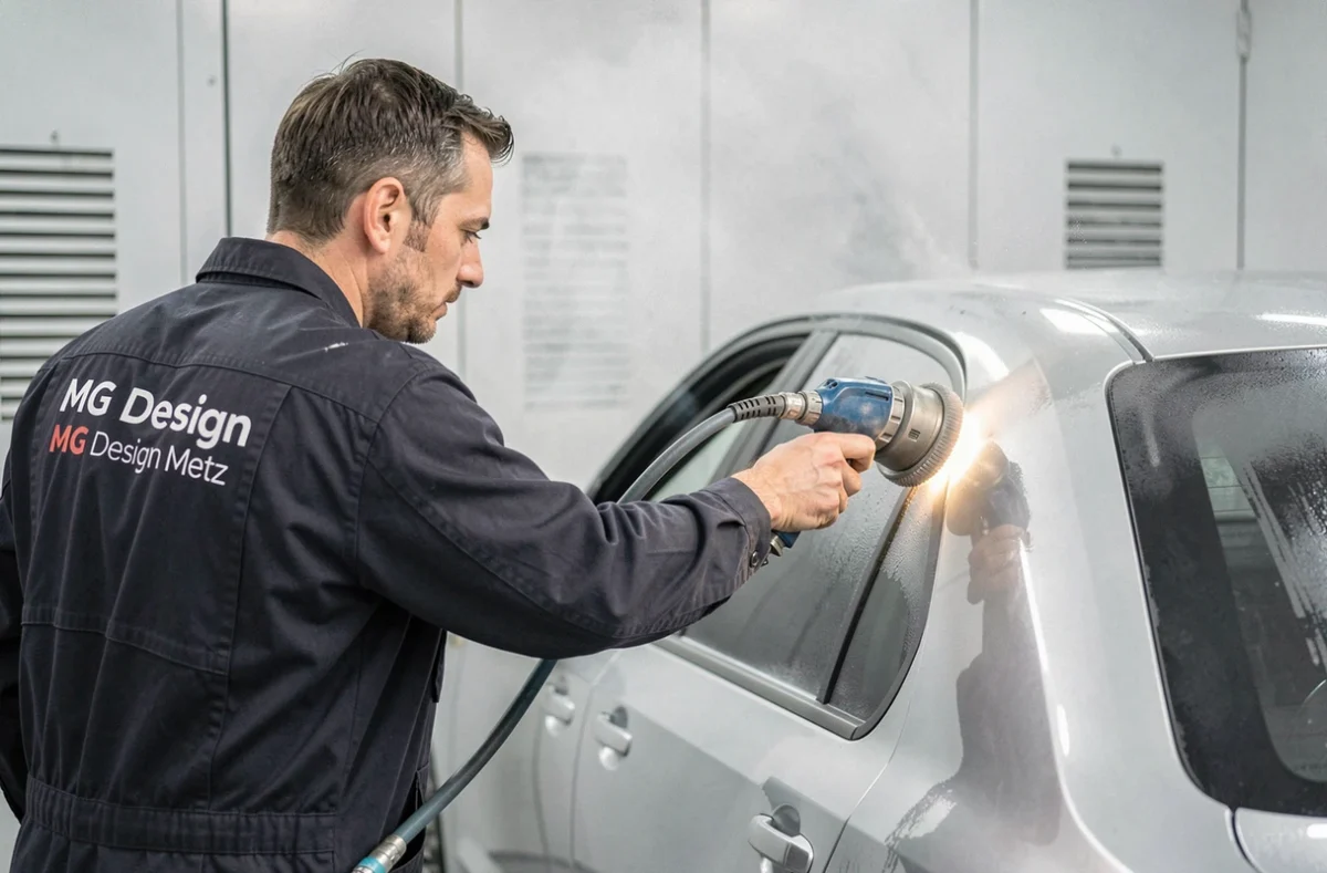 Technicien de MG Design Metz appliquant une couche de peinture de finition sur une berline dans une cabine de peinture professionnelle