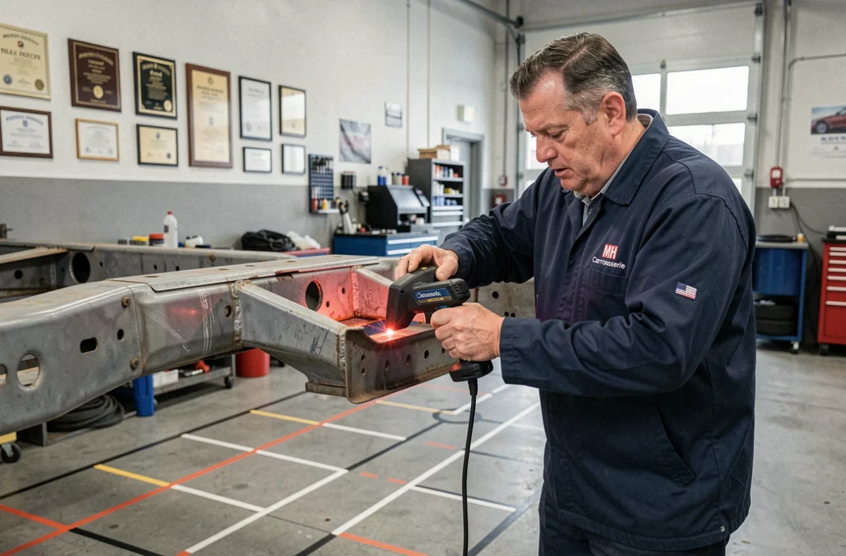 Technicien de MH Carrosserie vérifiant l'alignement structurel d'un châssis de véhicule avec un outil de mesure laser