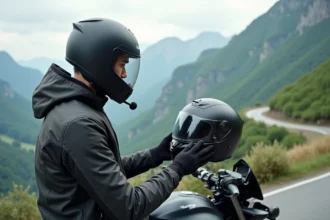 Jeune motard attachant un intercom à son casque sur une route de montagne
