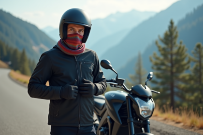 Motard homme casque et veste en montagne