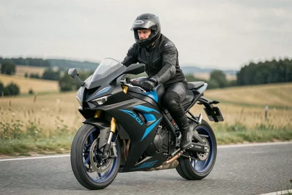 Motard équipé sur une moto sportive haute performance sur une route française légale
