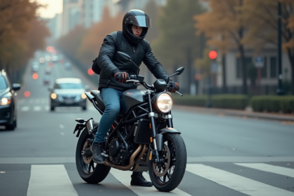 Jeune motard à l'arrêt dans la ville avec technique de pied