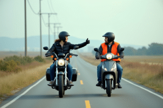 Deux motards à la campagne un homme et une femme saluant