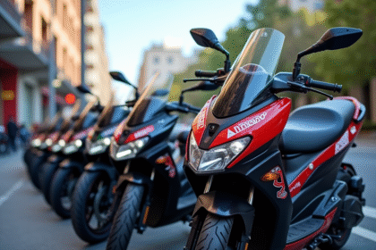 Ligne de motos modernes avec panneau restriction 2025