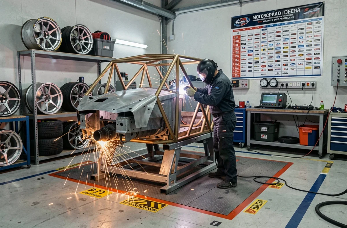 Atelier de préparation de véhicule de course d'Oise Performance Motorsport avec cage de sécurité en cours de soudure sur une voiture de sport