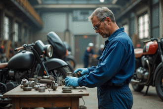 Ouvrier en usine assemblant une moto Ural classique