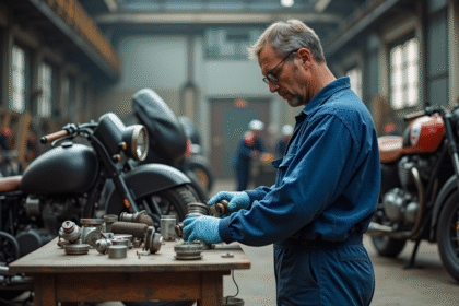 Ouvrier en usine assemblant une moto Ural classique