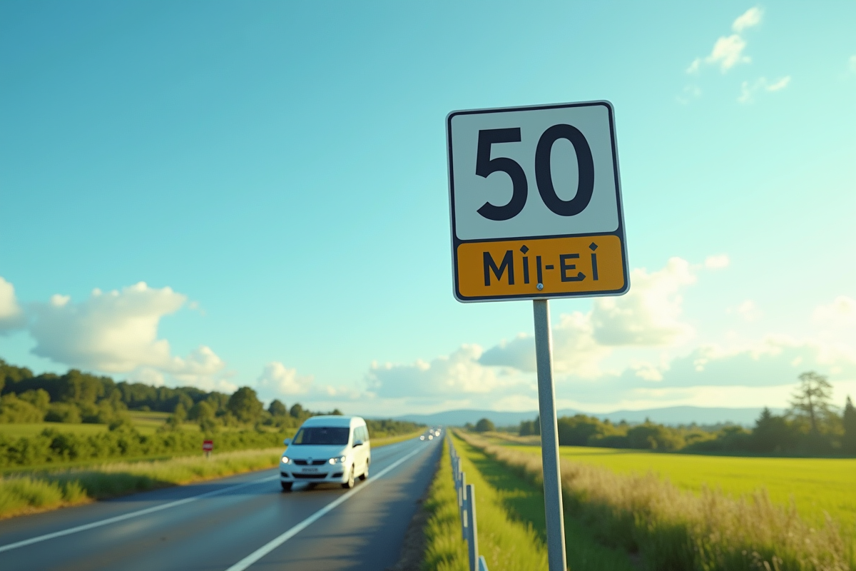 Panneau de distance rural avec voiture en déplacement