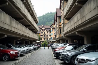 Parking extérieur à plusieurs niveaux dans le centre historique de Colmar avec maisons à colombages alsaciennes en arrière-plan