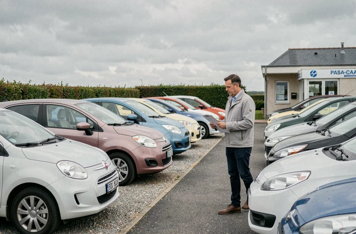 Rangée de voitures de location dans un parking d'agence en plein air dans le Pas-de-Calais