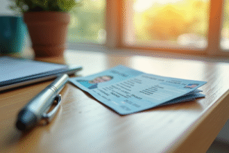 Permis de conduire français posé sur un bureau lumineux
