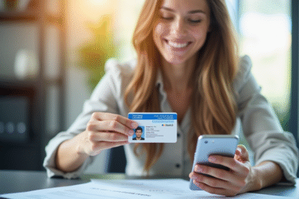 Personne souriante tenant un permis de conduire français avec smartphone