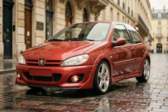 Nouvelle Peugeot 205 GTI 2026 garée sur un pavé mouillé en ville, vue trois quarts avant mettant en valeur son design rétro modernisé