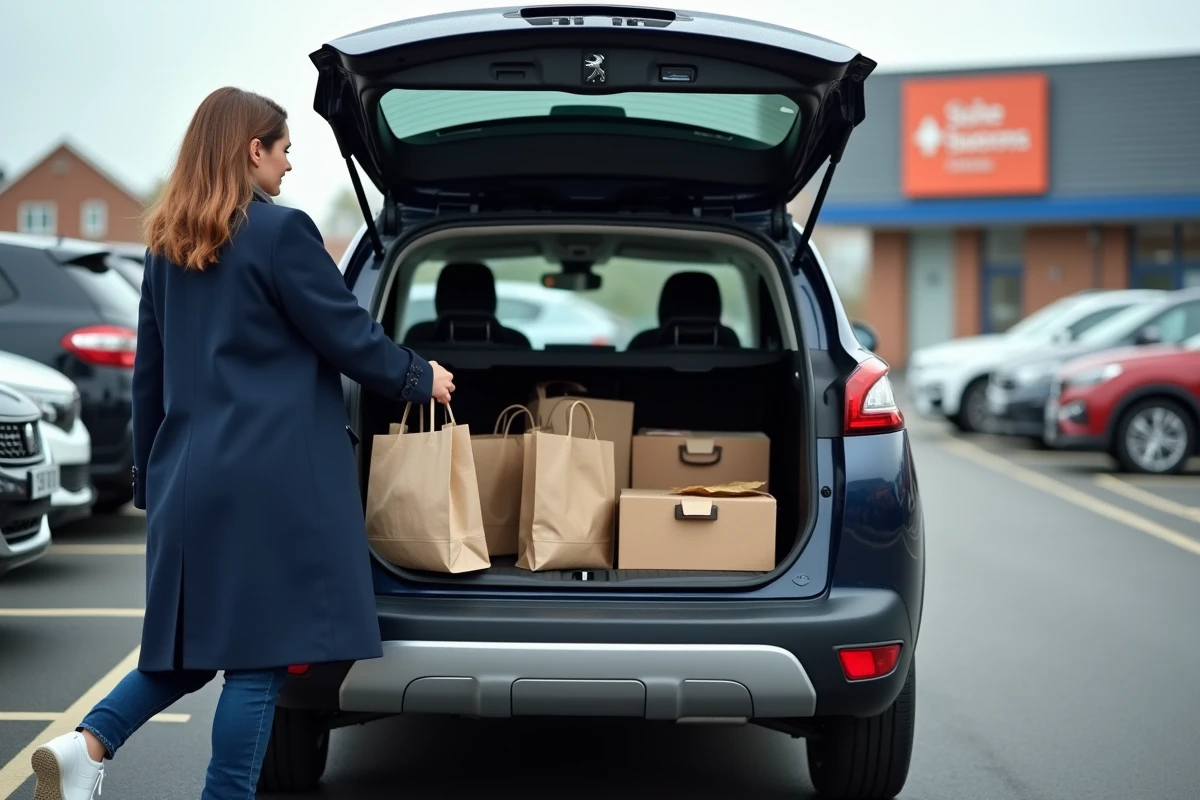 Femme chargeant des courses dans le grand coffre du Peugeot 3008 2026 dans un parking de supermarché
