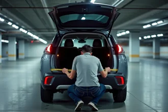 Coffre du Peugeot 3008 2026 ouvert dans un parking souterrain avec un homme mesurant le volume de chargement