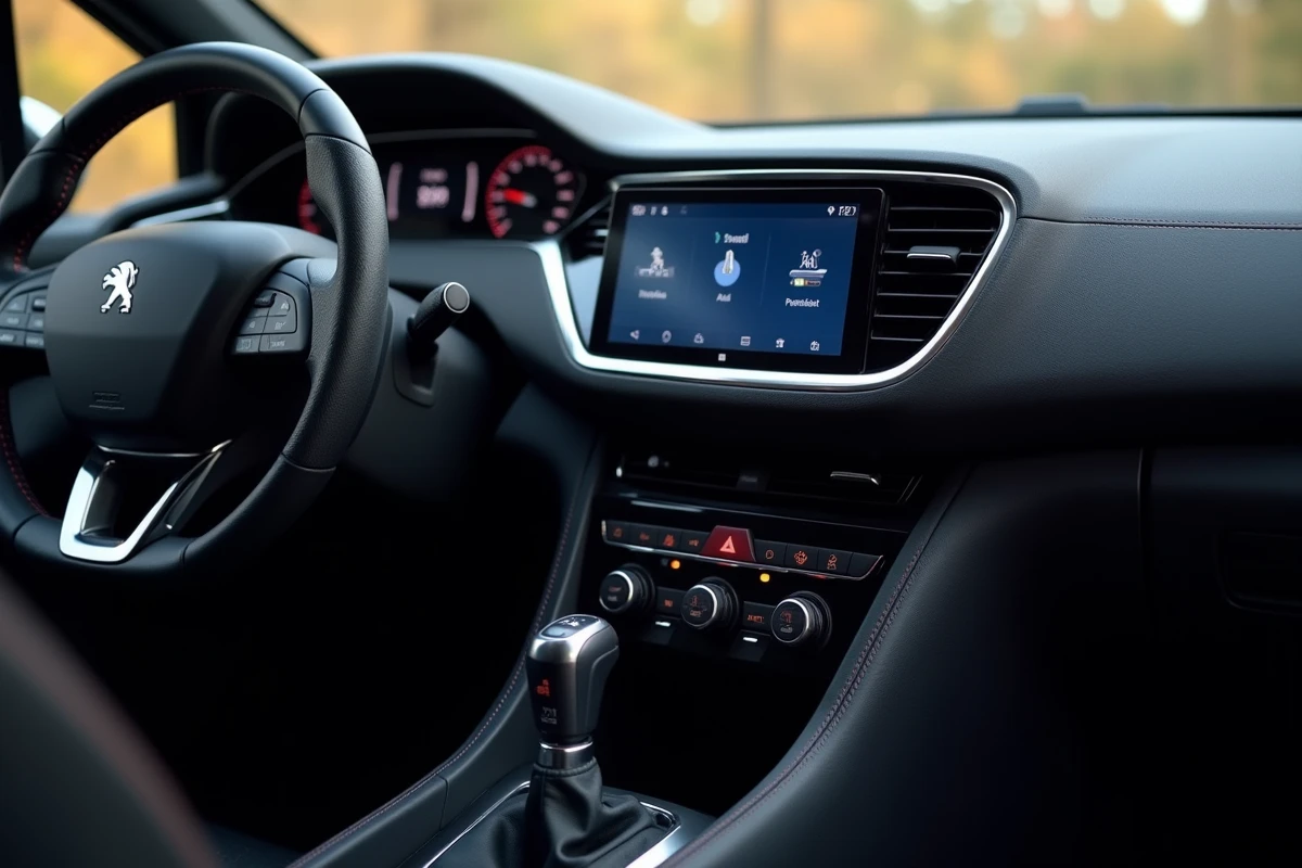 Écran tactile central et console intérieure de la Peugeot 308, détail du système multimédia i-Cockpit
