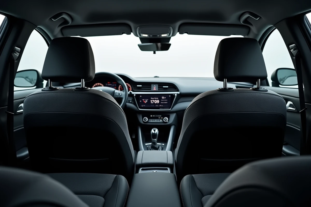 Vue intérieure complète de l'habitacle Peugeot 308 depuis l'arrière, sièges avant et i-Cockpit en perspective