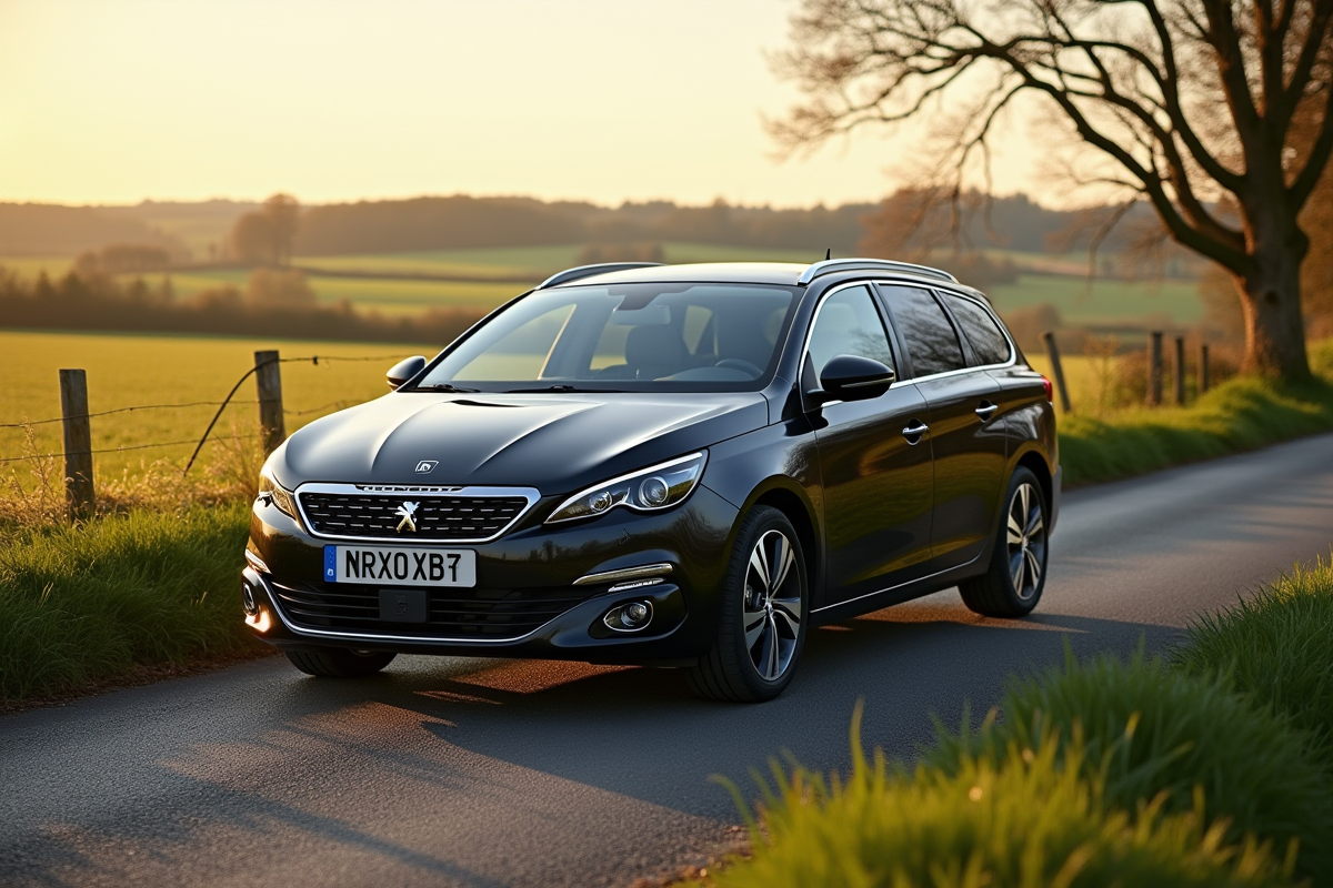 Peugeot 308 sur route de campagne en pleine nature en journée