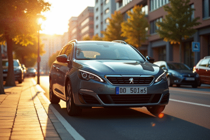 Peugeot 308 station wagon moderne en ville en lumière dorée
