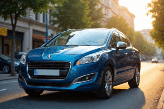 Voiture Peugeot 308 bleue en ville en plein jour