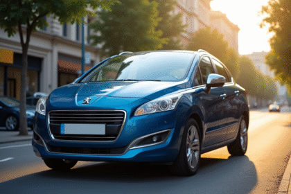 Voiture Peugeot 308 bleue en ville en plein jour