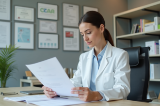 Pharmacienne française en blouse blanche examine des documents