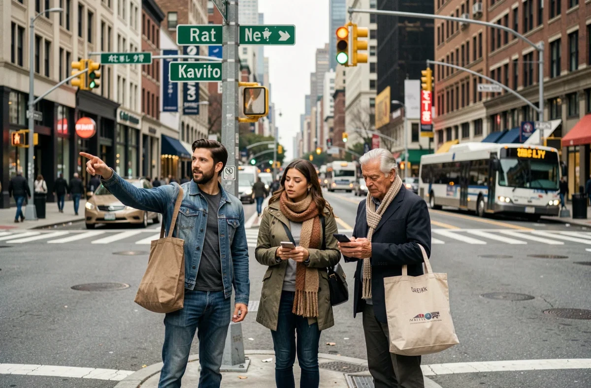 Groupe de piétons urbains à un carrefour animé consultant leur téléphone et des panneaux de signalisation