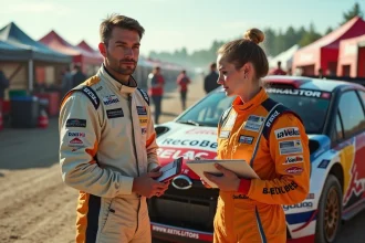 Pilote et copilote en combinaison de course discutant des notes de route devant une voiture de rallye dans un parc d'assistance