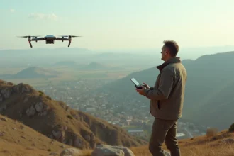 Ingénieur homme pilotant un drone en extérieur sur une colline