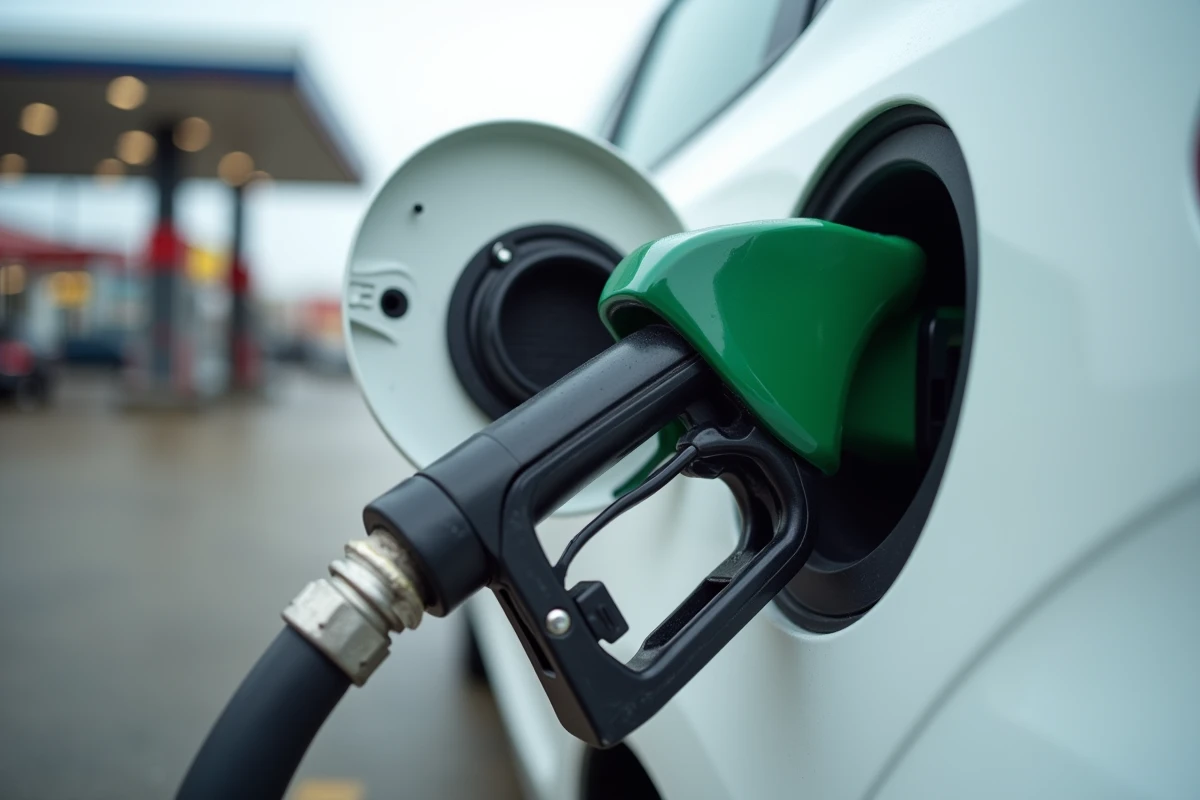 Remplissage d'une voiture compacte avec du carburant E85 bioéthanol à une station-service française