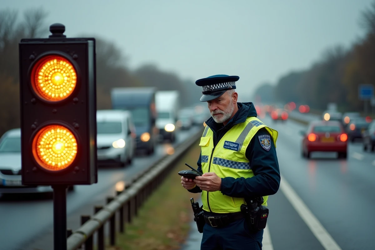 Agent de police en gilet jaune gérant une déviation sur la route suite à un accident au nord