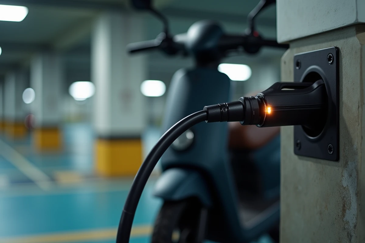 Gros plan sur le port de recharge d'une moto électrique branché dans un parking souterrain