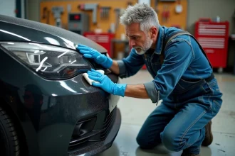 Professionnel appliquant un rénovateur plastique sur un pare-chocs de voiture dans un atelier de garage