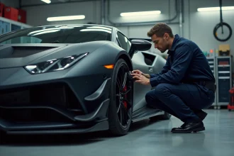 Mécanicien inspectant les freins d'une voiture de sport préparée dans un garage professionnel