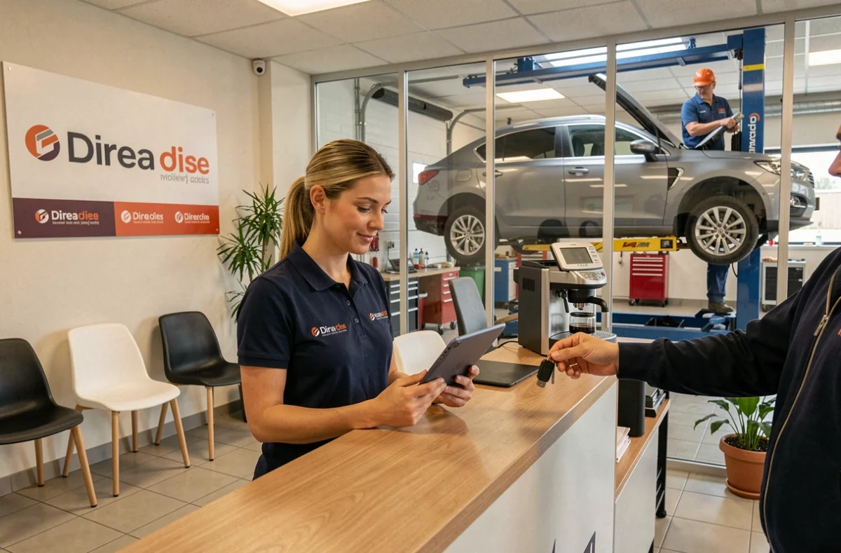 Conseillère de Proxi Auto Service dans l'Oise accueillant un client à la réception d'un garage d'entretien automobile moderne