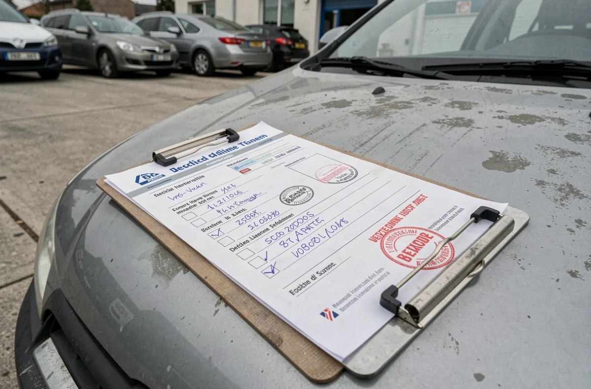 Rapport de contrôle technique avec mention de refus posé sur le capot d'une voiture dans un centre de contrôle